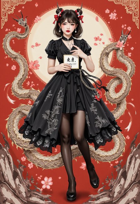 zydInk. vibrant colors. Beauty cute (supermodel fantasy war+ day)1.6, (professional picture)1.5, cute emo girl, fangs , small breasts, hair boons. (fashion colors)1.3, lace black dress, silk scarf, holding a plaque with writing: "Buzz, or I will be moody". petite but curvy body. snake scale make-up. Chinese dragon 3d background. Delicate 3d render