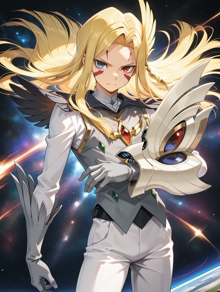 mizael,solo,1boy,duel disk,male focus,grey vest,grey gloves,white pants,gold hair ornament,looking at viewer,facial tattoo,closed mouth,heterochromia,space,
masterpiece,best quality,amazing quality,very aesthetic,absurdres,newest,<lora:Galaxy-Eyes Tachyon Dragon illuXL v1:0.82>,