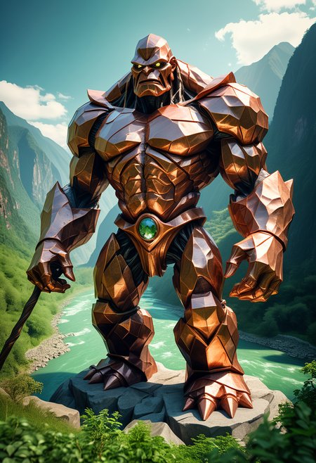 award winning, (professional photo) of (towering golem made of copper), towering size,  holding a crystal staff, set in  a mountain valley, with a flowing river, lush greenery, towering peaks, during the day, , creative, beautiful, vibrant, masterpiece, 64k, UHD, HDR, full view, atmospheric lighting, extremely detailed