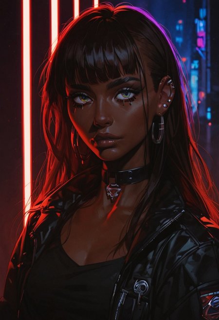 score_9, score_8_up, score_8_up, 1 Indian girl, dark-skinned girl, cyberpunk, brown hair, ((long hair)), ((bangs)), straight hair, piercings, choker, portrait, ((streetwear)), average tits, teardrop shaped tits, fit body, thin waists, beautiful, night neon lighting, negative_hand, g0thicPXL, GTA