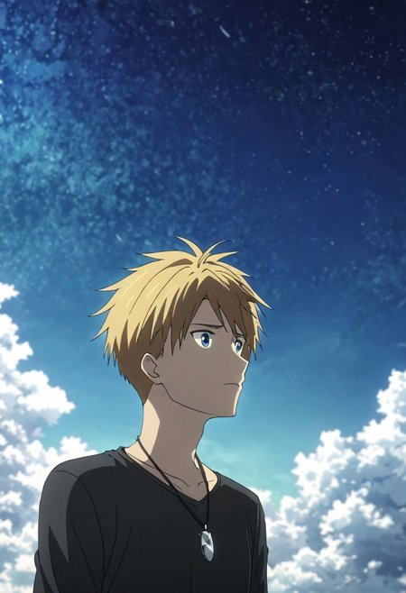 high resolution, professional photography, best quality, 1Boy, Yamato Ishida, blond hair, deep blue eyes, necklace, existential longing, ultimate sky, OverallDetail