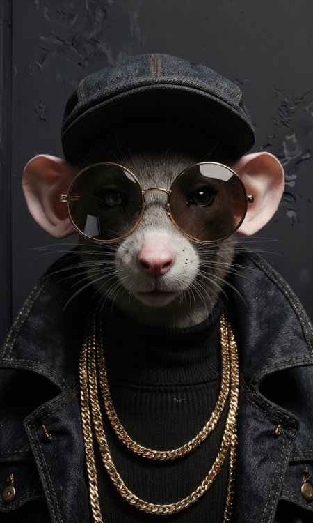 ZooPolis art. A photo-realistic shoot from a portrait camera angle about a anthropomorphic anthropomorphic mouse wearing sunglasses and a black jacket with gold chains, set against a dark, textured background. the image also shows a close-up of the mouse's face, with its whiskers visible, looking directly at the viewer. on the middle of the image, a young boy, who appears to be around 6 years old, is standing with his upper body visible, wearing a black denim jacket, a black turtleneck sweater, and gold chains around his neck. he has a serious expression, with a small nose and whiskers. the mouse is wearing round, gold-framed sunglasses, and a cap on his head, giving him a stylish and sophisticated look. the background is a textured, dark-colored wall, adding to the overall moody atmosphere of the photo.