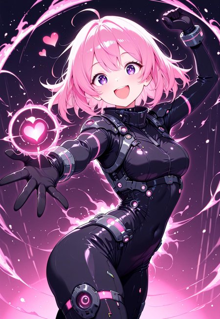 masterpiece, best quality, newest, absurdres, highres, anime,
zzCitronLegacy, CivChan, pink hair, purple eyes, heart, 1girl, blush, smile, :D, looking at viewer, bodysuit, gloves, neon glow, cowboy shot, solo, in the style of cknc, hi-tech, sci-fi, dynamic pose, motion effect, magic effect, dancing,