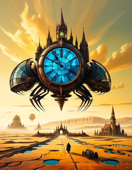 A surreal, dreamlike painting in the style of JarosÅaw Jasnikowski, depicting a gigantic mechanical insect-like cathedral walking across a cracked desert landscape. The cathedral is mounted on insect legs made of bronze and copper, with gears and steam vents along each joint. The architecture is gothic, with tall spires, stained glass windows glowing from within, and massive rotating clock faces embedded in its towers. In the background, a distorted horizon under a greenish-yellow sky, with floating islands and broken bridges suspended mid-air. A small group of cloaked figures watches the walking structure from the foreground, their long shadows cast across the dry, dusty ground. The entire scene is bathed in a surreal light, blending soft golds and dark shadows, giving it a mystical and post-apocalyptic atmosphere. Details are rich with fine mechanical engravings, absurd physics, and metaphysical symbolism, echoing Jasnikowskiâs signature surrealism and imaginative science-fiction fantasy.<lora:SDXLFaeTastic2400:0.4> <lora:extremely_detailed:0.4> extremely detailed, <lora:JarosÅaw_J4sn1k0wsk1_r1:1>,JarosÅaw J4sn1k0wsk1, Masterpiece,best quality,hi res,8k,hi res,8k,award winning,(sharp focus, intricate, highly detailed),