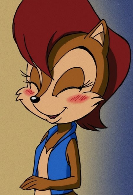Sally Acorn, sonic character, sonic style, anthro, furry, 1girl, female, solo,
((soft colors)), ((vintage grain)),
red brown hair, brown fur, blue eyes,
blue vest, 
smiling,
eyes closed, laughing, blushing,
upper body view, upper body,
dark lighting,