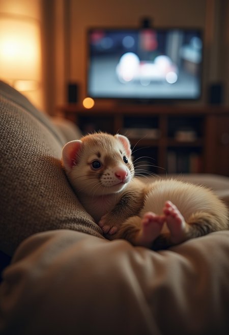 a tiny ferret relaxing on a sofa watching TV