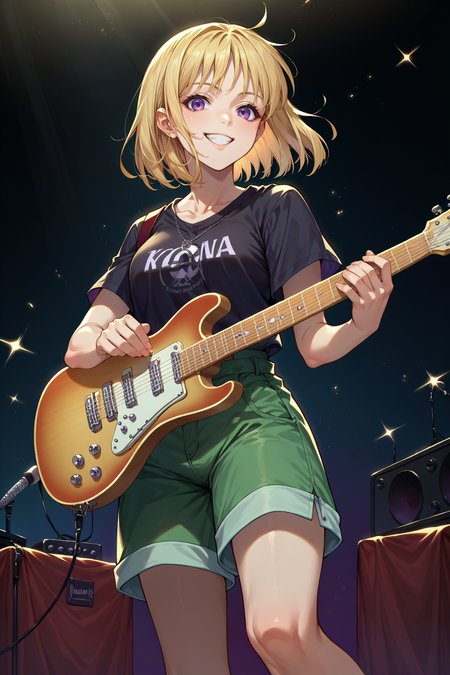 score_9, score_8_up, score_7_up, score_6_up, source_anime, 1girl, solo <lora:yselena-pdxl-nvwls-v1-000005:1> ysElena, blonde hair, medium hair, purple eyes, black t-shirt, green shorts, guitar, playing guitar, smile, looking at you, stage