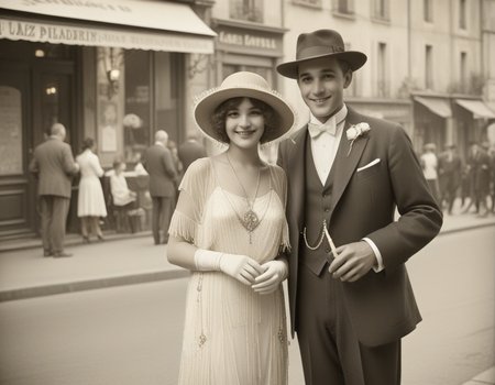 un couple dans les années 1920, se promenant main dans la main sur une rue pavée. Elle porte une robe à franges scintillante et un bandeau de perles, tandis qu'il arbore un costume élégant avec un chapeau feutre. Leurs rires résonnent alors qu'ils s'arrêtent devant un café, où des musiciens jouent du jazz. La lumière chaude des lampadaires crée une ambiance romantique, enveloppant leur monde d'une douce nostalgie. sepia vintage