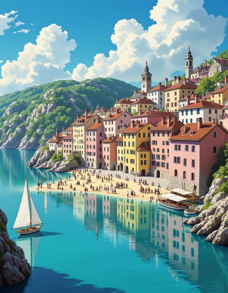 Painting of a scenic italian landscape, cliffy, beach, town, colorful buildings, sail boats,  <lora:Studio_Ghibli_Flux:1> ghiblistyle
 <lora:Flacs_Enhancer:1> ff-enhance