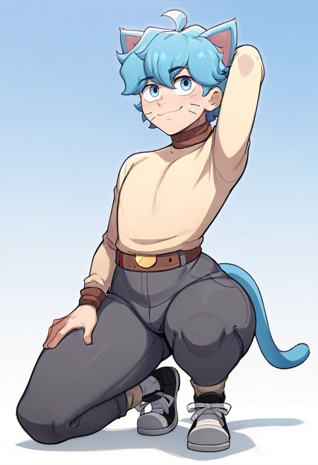 masterpiece, best quality, high quality, detailed, Gumball Watterson, 1boy, male focus, blue tail, solo, tail, whisker markings, cat boy, socks, blue eyes, blue hair, cat ears, cat tail, thick thighs, ahoge, black sneakers, bottom heavy, closed mouth, <lora:Gumball-Illustrious-XL:1> <lora:noobaiXLNAIXL_epsilonPred11Version-lora:0.2>, good anatomy, on knees, hand behind head, brown collar turtleneck sweater with brown cuffs, dark grey pants