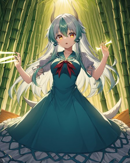 kamishirasawa keine,1girl, solo, long_fingernails, horn_ribbon, dress, tail, sharp_fingernails, scroll, nail_polish, glowing, bamboo, open_mouth
<lora:kamishirasawa_keine_image2095_2023-12-14-000010:1>,star-shaped_pupils,symbol-shaped_pupils,. gorgeous,key visual, vibrant, studio anime,award-winning, professional, highly detailed,high budget, cinemascope