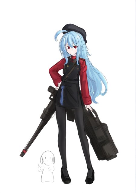 1girl,ahoge, black legwear, blue hair, crossbow, frown, full body, hand on own hip, hat, high heels, holding, holding weapon, long hair, looking at viewer, red eyes, solo, standing, transparent background, weapon <lora:kimuryu001230:1>