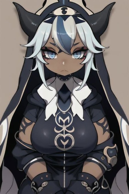 Devil, horns, body mods, huge breasts, thick thighs, muscular, ((dark tan skin)), white hair, ((navy hair streaks)), short spiky scene hair, slanted blue eyes,blue tribal cloud tattoos, non human, monster girl, bad ass, ((nun)), huge fluffy white scarf, (( hooded jumpsuit)), ((steampunk)), ((y2k aesthetic)), black, white, navy, light blue, 3d render, chibi, ((Kaeya Alberich inspired outfit)), poofy hair, eyeliner, emo, emo makeup, goth, wrench_genshin_style, chara-sheet