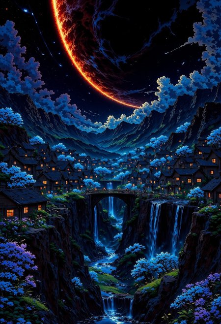 AnimeSky style, anime style, VibrantGlow style, high lighting, high quality, advanced quality render, high resolution, 4k,  Valley of small snowy mountains, with various small medieval houses around, with a river that emanates a little light and steam that reaches the horizon, with a large bridge, with light clouds and a sunset of purple and blue tones, completely dark sky that has a planet with a ring of considerable size with reddish colors that emanates its own light covered by some clouds, stars, shooting stars, silhouettes of birds in the sky, magical luminescent plants that fill the valley and cherry trees