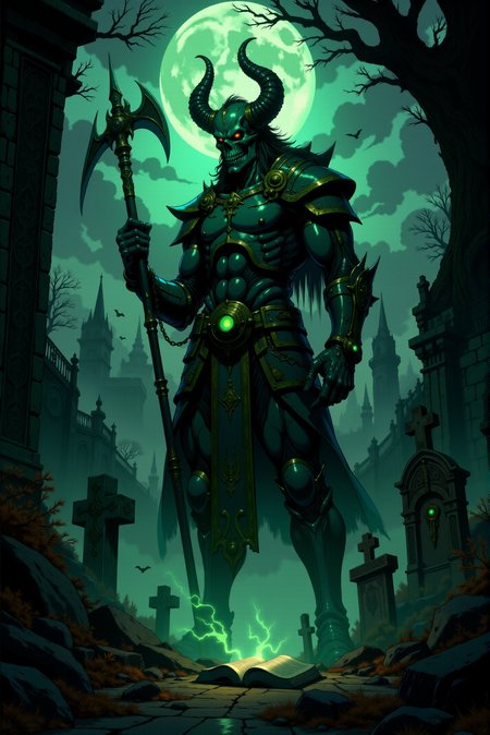 <lora:Dark_Gothic_Comic_style_v.2:0.9> DGC style. 
This eerie nighttime cemetery scene is steeped in a haunting, ethereal atmosphere. At its center stands a weathered stone mausoleum, its Gothic-inspired architecture characterized by arched doorways, slender columns, and spiked pinnacles reaching skyward. The surface of the mausoleum is stained with the passage of time, its ornate engravings and intricate details softened by years of weathering. A faint glow emanates from within, casting subtle shadows that hint at mysteries hidden inside. The surrounding graveyard is shrouded in a dense, creeping mist that clings to the ground, softening the edges of the gravestones and creating an otherworldly ambiance. Rows of aged headstones, crosses, and simple markers rise unevenly from the ground, their silhouettes stark against the pale light that filters through the fog. The earth is scattered with dry, fallen leaves, their crisp texture adding an element of decay to the scene. Towering trees loom over the cemetery, their dark, gnarled trunks blending into the dense foliage above. Moonlight pierces the canopy in scattered rays, illuminating patches of the mist and casting long, dramatic shadows across the cobbled ground. In the distance, a wrought-iron fence barely emerges from the fog, framing the cemetery and enhancing the sense of isolation. The lighting, cold and muted, heightens the somber tone, with soft blues and greys dominating the palette. Subtle beams of light direct attention to the mausoleum and a single illuminated patch of ground near it, where an open book lies abandoned, its pages glowing faintly as if imbued with a mysterious significance. The scene evokes an unsettling blend of serenity and unease, steeped in quiet mystery and the whispers of forgotten tales.