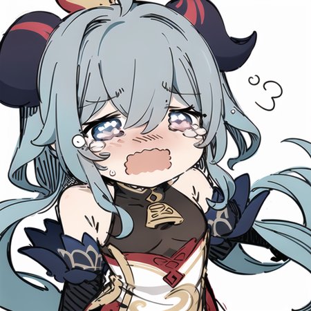 chibi, 1girl, sketch, solo, light blue hair, black and red horns ganyu genshin impact, sobbing, white background <lora:Sesield:1>
