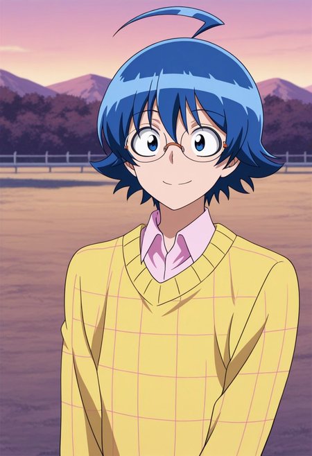 masterpiece,best quality,amazing quality, source_anime,
IrumaSuzuki, 1boy, male focus, solo, blue eyes, glasses, blue hair, ahoge, hair between eyes, shirt, pink shirt, collared shirt, sweater, yellow sweater, plaid, smile,
outdoor,