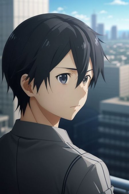 high resolution, solo, best quality, 1Boy, Kazuto Kirigaya, portraits, Black Hair, Black Eyes, high-rise, top of building, landscape, shallow depth of field, OverallDetail