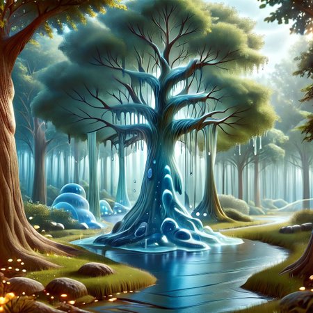 a forest made out of slime, dense-forest, Yggdrasil, a vast tree made out of slime, A large tree made out of slime, brown slime tree, translucent tree, transparent tree, 
everything made of slime, No simple background, ((slime tree)), detailed leaves, detailed bark texture, 
overcast sky, natural light, no bright spots, 
((translucent slime)), ((transparent slime)), (bioluminescent slime), sl1m3, slime, slime-morph, ais-blmn, saturated colors, no creatures, no monsters, no pokemon, scenery only, scenery, ral-lava, watce