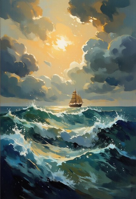 Create a photorealistic  drawing in the style of Ivan Aivazovsky depicting a stormy sea. Image is drawn with oil on canwas with characteristic brush strokes and texture. Colossal waves ravage the scene under dark clouds with sigle streak of light coming through the opening highlithing a lonely ship trying to survive the weather. OverallDetailXL, highly detailed, aesthetic, great lighting, extremely detailed,  award winning, perfect composition, a rich and complex image of nature, a vibrant tissue of hues and textures captured digitally, best quality, realistic, captivating, intricately detailed, hyper detailed, maximalist style, photorealist, sharp focus, dynamic lighting, superb composition, finest details, highest aesthetics, best quality, sharp focus, high contrast, stylized, clear, colorful, ultra quality, 8k, best quality, masterpiece,midjourneyv6.1