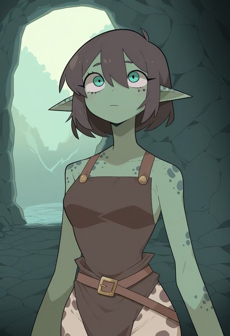 CCMYO Style, flat colors, 1girl, Gith, pointed ears, spots on skin, flat nose, green skin, fantasy, dungeon background