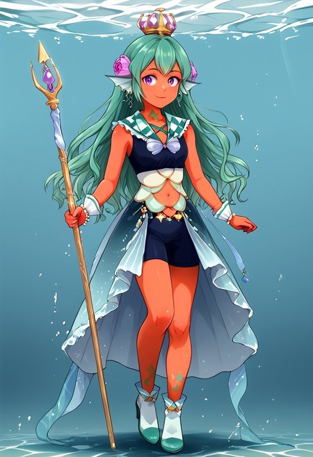 Solo, full body, female, Triton, head fins, gills and fins, scales, Trident, red/orange skin, small breasts, purple eyes, long hair, green hair, hair flower, neck tattoo, leg tattoo, earrings,  frilled sailor collar, cross-laced collar, green dress, wrist cuffs, bike shorts, showgirl skirt, aqua skirt, blue skirt, seashell, starfish, navel cutout, navel, belt, pearl belt, bubble trim, long skirt, multicolored footwear, green footwear, white footwear, high heels, underwater background