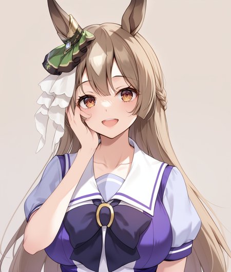 score_9, score_8_up, score_7_up BREAK
tracen_uniform, 1girl, solo, long hair, breasts, looking at viewer, blush, smile, open mouth, large breasts, simple background, brown hair, animal ears, brown eyes, school uniform, collarbone, braid, short sleeves, horse ears, horse girl, shaded face, hand on own face, half updo, hand on own cheek, tracen school uniform, yandere, ear ornament, <lora:Satouno Diamond-ponyXL_V1:1>,