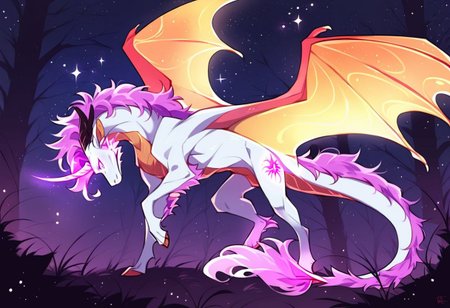 score_9, score_8_up, score_7_up, score_6_up, source_anime, forest background, night, moonlight, exotic dragon, white fur, bioluminescent, majestic, on all fours, standing proud, front leg bent up, unicorn legs, unicorn horn, dragon horns, vibrant purple mane, glowing feathery wings, glowing lavender eyes, starry sky