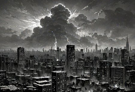score_9, score_8_up, score_7_up, score_6_up, score_5_up, score_4_up ,(masterpiece, best quality, highres:1.2),llbreton,grayscale,monocrhrome,city,skyscrapers,apocalyptic,meteor,buringing buildings,sense of doom