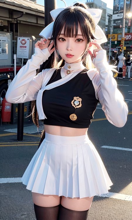 (8k, RAW photo, best quality, masterpiece:1.2), (realistic, photo-realistic:1.5),omertosa,(((1girl))),(Kpop idol), (aegyo sal:1),cityscape background, dailight,sunlight, professional lighting, photon mapping, radiosity, physically-based rendering,(comic market background:1.2), seashore background, sandy beach,crowd of people,<lora:koreanDollLikeness_v10:0.5> <lora:takaoAzurLaneFull_takao7682:0.7>,White military uniform, white miniskirt, long sleeves, gold buttons, gold armbands, gold collar, black hair, black ponytail with white ribbon, Azur Lane,  Takao