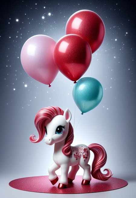 greeting card style captures redglitter Christmas essence, balloon, Jed-Cndcne toy pony, whimsical, chibi, kawaii, pastel colors watercolor, in the style of Gorjuss, Joan Walsh Anglund, margaret keene, charlie bowater, soft-focus and diffused lighting akin to Paolo Roversi, imbued with Tim Burton's macabre touch, Kris Kuksi-like intricate background detail, digital painting, ultra-detailed, cinematic.