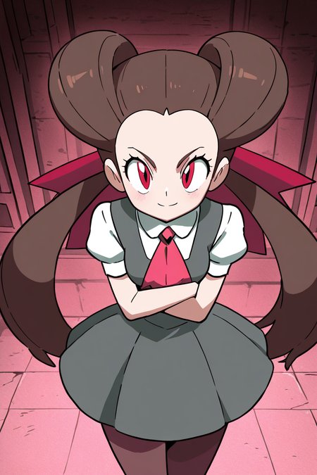 masterpiece, best quality, 1girl, solo, 21 year old model, eyelashes, (beautiful eyes), zzRoxanne, roxanne (pokemon), red eyes, long hair, brown hair, twintails, hair pulled back, pantyhose, ascot, grey dress, short sleeves, ribbon, shirt, hair ribbon, <lora:RoxannePokemonIXL:1.0>, from above, dynamic pose, cowboy shot, smile, looking at viewer, shiny skin,<lora:DiivesIXL:1.0>,
