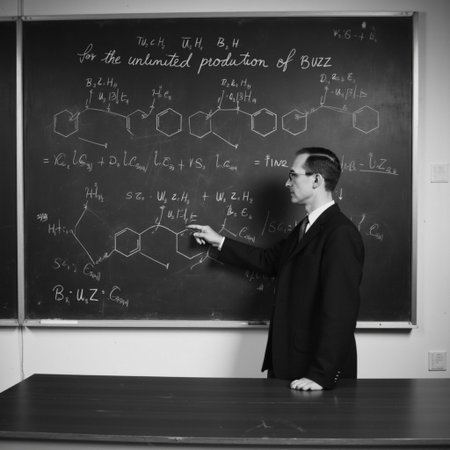This black-and-white photograph depicts a scene from a chemistry laboratory. The central figure is a 30 year old attractive woman, likely a professor or scientist, standing behind a long wooden lab bench. He is dressed in a dark suit with a white shirt and a tie, and he is wearing glasses. He is pointing to a large, darkened chalkboard on the wall behind him, filled with complex chemical formulas and structures, including molecular diagrams and chemical symbols. The chemical formulas should use the letters B,U,Z,Z randomly. The formulas are for the "unlimited production of BUZZ" and should be in clear text on the top of the chalkboard.