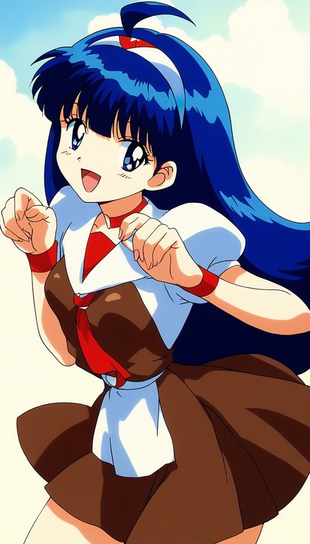 score_9, score_8_up, score_7_up, source_anime, rating_explicit, BREAK <lora:Tsurugino_Hikari_XL:1>Tsurugino_Hikari, long hair, blue hair, 1990s (style), hairband, blue eyes, bangs, ahoge, small breasts,
1girl, solo, brown hat, retro artstyle, skirt, open mouth, School uniform, smile, 
wristband, looking at viewer,  puffy sleeves, short sleeves, bow, 
brown dress, :d
dauy, sky, outdoor.