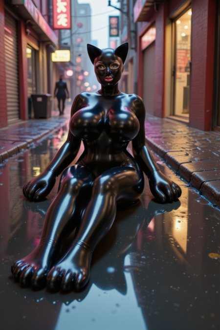 full body shot of latexkitty, lying relaxed sideways on the street in a cyberpunk city alley at night, big feet, dramatic neon lights, wet street with reflections, small street shops, misty, rainy