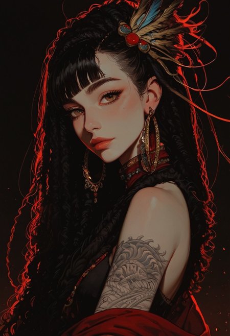 masterpiece, best quality, good quality, very aesthetic, absurdres, newest, 8K, depth of field, focused subject,
1girl, solo, hoop earrings, black hair, exotic hair, (hair ornament:1.4), detailed headdress, exotic headdress, glowing hair, feather, dreadlocks, (shaman), long hair, back tattoo, looking at viewer, from side, blunt bangs, upper body, arm tattoo, dragon tattoo, eastern dragon, shoulder tattoo, bare shoulders, long hair, brown eyes, yakuza, cuddling with eastern dragon, black background