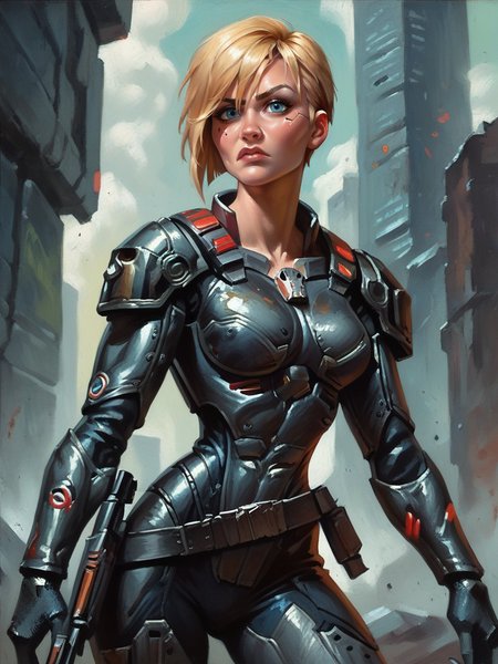 score_9, score_8_up, score_7_up, 1girl, dynamic pose, cowboy shot, cyberpunk city, serious, looking at viewer, daylight, sexually suggestive, epic pose, gun,
 <lora:ASergeantCalhoun_character:0.8>, SergeantXLP, blonde hair, short hair, blue eyes, armor, shoulder armor, bodysuit, solo, cartoon, <lora:Eldritch Oil Style LoRA_Pony XL v6:0.7> oil painting, traditional media, realistic,,