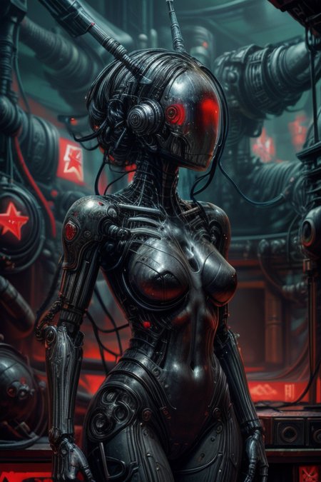 cyberpunk cityscape,biomechanical cyberpunk,SCI-FI,
cowboy shot,thigh gap,
femenine cyborg,helmet with antenna,mask,armor,
(wires,cables,electricity,discharge,monitors:1.2),
high technical room background,
<lora:Concept_-_Hella-sthetic_v2:0.7>,
(USSR,red star \(symbol\):1.5),
<lora:H.R.GigerWorld:0.25>,gigerworld,art by hrgiger,
<lora:Concept_-_Giger-ish_Biomechanicals_v2:0.25>,hnsrdlf style,
<lora:Concept_-_More_Details_v1.0:1>,
intricate,elegant,highly detailed,symmetry,magical atmosphere,sharp focus,majestic,very coherent,radiant,advanced,cinematic,artistic,fine detail,winning,beautiful,stunning,dramatic light,designed,rich deep colors,perfect professional background,ambient,tailored set composition,
human-machine fusion,organic meets artificial,futuristic,technological,cybernetic enhancements,robotics,neon lights,dark,
<lora:Concept_-_PicXer_bSide:1>,<lora:Bliznyashki:0.5>,robot,braided hair,robot joints,