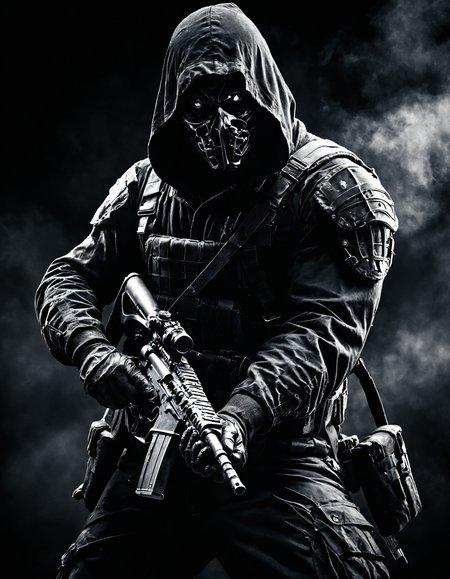 Dark, foreboding figure in full battle gear, with shadows playing across their face, in a realistic environment.
Holding a weapon with both hands, pointed forward.
Fine detail enhancement, Ultra-high contrast, Realistic depth of field
