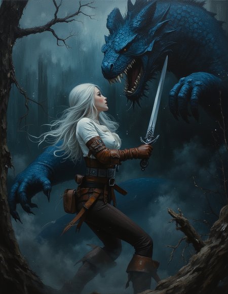 CiriW, a dynamic scene set in a dark, mystical forest. masterpiece, high quality, Oil Painting, Hyper-realistic, hyper-detailed painting of a young woman with long, flowing white hair, wearing a fitted, medieval-style outfit consisting of a white blouse, brown leather gloves, and a belt with pouches. She is jumping out of the darkness, swing her longsword in both hands at a horrific dragon that is attacking her.  The dragon has bright blue scales and long sharp teeth. Focus on the girl, shadow and light, Masterpiece, intricate lines, intriguing atmosphere, sharp magnificent details, delicate features, elaborate details, (2\3 rule composition:0.5), ultra detailed, romantic, Rembrandt lighting, brush stroke, lovely, novuschroma, in the style of Rembrandt. vantablack <lora:style_of_Rembrandt_FLUX_135:.6> <lora:- Flux1 - vanta_black_V2.0:.3> <lora:neeeg_f1:-1> <lora:113_novuschromaFLX_1:.4> <lora:Midjourney_Whisper_Minimal:.3> 
 <lora:FluxCiriWV1:1>