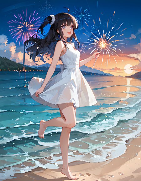 score_9_up, score_9, score_8_up, score_7_up, rating_explicit, perfect quality,high quality,masterpiece,best quality,amazing quality,very aesthetic,Cinematic Lighting,newest,Tactical use of shadow,
1girl,solo,long hair,black hair,hair between eyes,ahoge,purple eyes,AyanoKimishima Cyql,
sparkler, outdoors, fireworks, barefoot, dress, scenery, sky, smile, night, white dress, ocean, open mouth, standing, beach, cloud, holding fireworks, looking at viewer, water, standing on one leg, horizon, one side up, from side, :d, blush, night sky, sleeveless dress, city lights, multicololens flare, sleeveless, blurry, bokeh, sundress, shore, holding, bare shoulders, full body, bare arms, depth of field, sunset, scrunchie, breasts, mountainous horizon, mountain, cloudy sky,  waves, blurry background,  star (sky), blue sky, sand,  leg up, sun, looking to the side, lights, reflection, walking, moon, bare legs, floating hair,
<lora:ponyv4_noob1_2_adamW-000017:0.7>,<lora:spo_sdxl_10ep_4k-data_lora_webui:0.6>,<lora:USNR STYLE_XL_lokr:0.45>,<lora:illustrious_all_rated_v1:0.7>,<lora:96YOTTEA-WAI:0.8>,<lora:Ayano Kimishima_Illustrious by Cyql:1>,