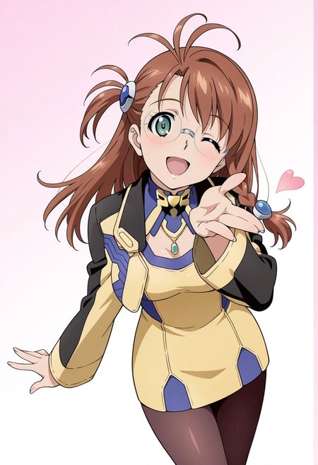 detailed eyes, beautiful, detailed background, perfect eyes,
source_anime, very aesthetic, anime coloring, masterpiece, official art,
<lora:HandFineTuning_XL:1>
BREAK,
simple background, heart,
cowboy shot, three fingers spread hand,
blowing kiss, wink, open smile, blush,
dynamic angle, from above, 
BREAK,
<lora:shion_illustrious_v03:0.95>
shion uzuki, brown hair, single braid, ahoge, long hair, glasses, round eyewear, pantyhose, yellow footwear, cropped jacket, parted bangs, dress, green eyes, yellow dress,