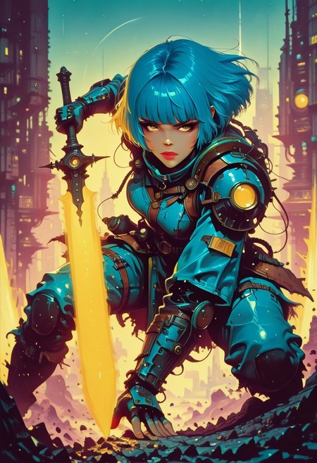 sci-fi, illustration, retro, masterpiece, best quality, good quality, very aesthetic, absurdres, newest, 8K, depth of field, focused subject, in the style of cknc, artist:moriimee, in the style of cksc,  BREAK asian barbarian warrior woman, leather armour, bangs, vivid blue hair with yellow highlights , holding daggers, battle stance, dynamic angle, ancient fantasy city, battle-ready stance, dynamic pose, directional lighting