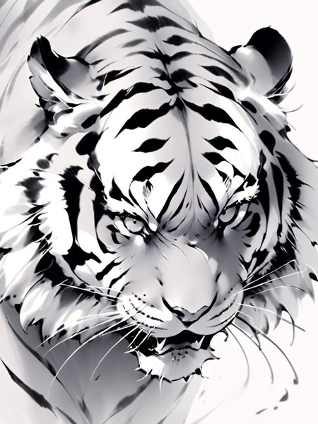 masterpiece),(highest quality),highres,(an extremely delicate and beautiful),(extremely detailed),  <lora:shuimodongwu_xl:1>ï¼ (\shui mo\), monochrome, no humans, tiger, greyscale, whiskers, animal focus, animal, solo, fangs, looking at viewer, white background