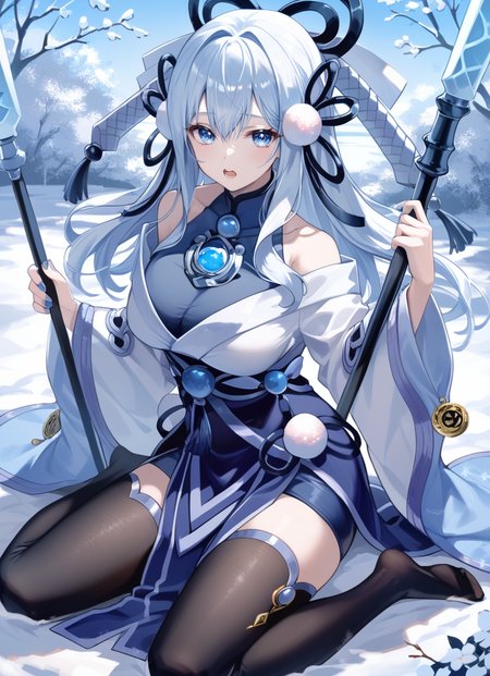 (score_9:0.9),score_8_up,score_7_up,rating_safe,(zPDXL3),(zPDXL),
masterpiece,intricate details,anime,4k,best quality,anime style,
<lora:Yuki-Onna, the Absolute Zero Mayakashi ponyXL v1:0.76>,winter,blue theme,
yuki-onna the absolute zero mayakashi, 1girl, solo, sitting, polearm, open mouth, blue nails, looking at viewer, kneeling, white japanese clothes, black thighhighs, holding polearm, large breasts, black hair ribbon, blue bodysuit, cyan chest jewel, from above