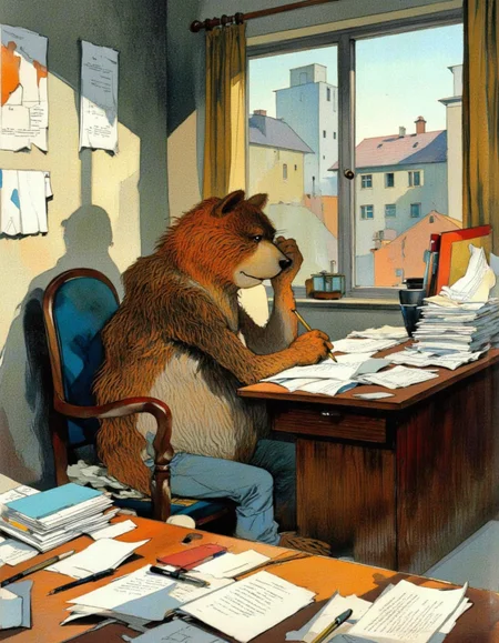 <lora:chzcat:1>, A thoughtful cartoon bear sitting at a desk in a study corner, surrounded by colorful stationery and papers. The bear holds a pencil, looking slightly puzzled but determined, with sunlight streaming through a large window behind them