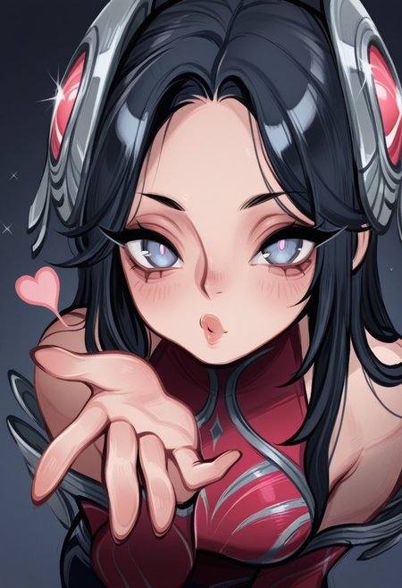 d0p4style,  masterpiece,  best quality, solo, irelia \(lol\), black hair, headgear,  leaning close to viewer, blowing a kiss, puckered lips,
