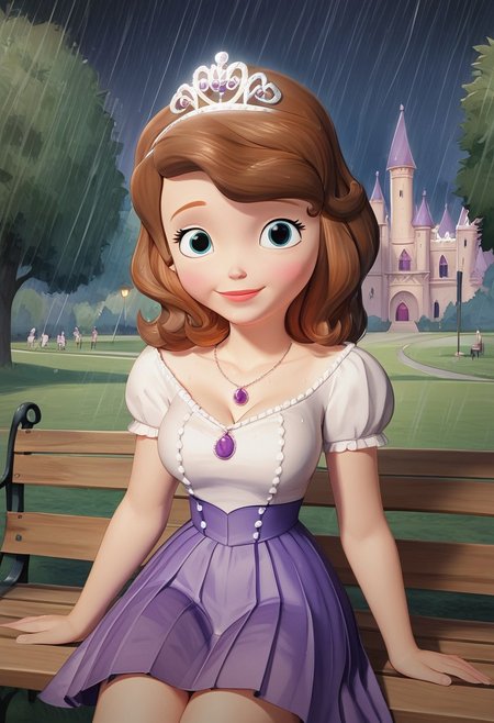 score_up_8, score_up_9, 1girl, white blouse,lace blouse, violet skirt, miniskirt, pleated skirt,sofia_the_first, tiara necklace, brown hair, medium breasts, background near castle,rain, night sky, at park, sitting on bench, looking at viewer, huge cleavage, wet dress, seducatuve smile, provocative pose,