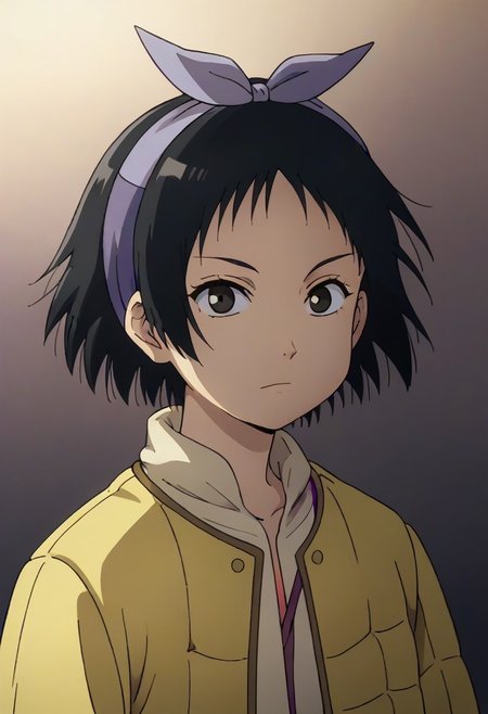 Totori, short hair, black hair, black eyes, yellow jacket, purple hairband, <lora:HeavenlyDelusion:1>,