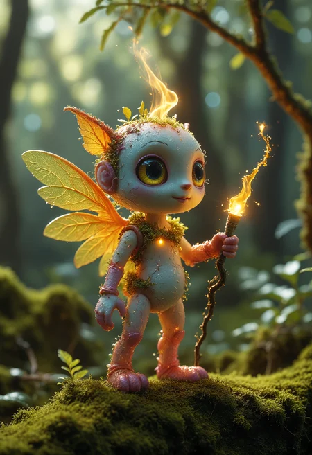 A photo of a tiny plant based humanoid with leafy wings holding an illuminated sap torch standing on a moss covered branch, backlit, translucent glittering skin, glowing eyes, vibrant, macro photography, extreme close-ups, intricate details, unseen worlds, capturing texture, emphasizing details, revealing beauty in small things, professional lighting, precise focusing, artistic expression, immersive experience, expert technique Lisa Frank, trending on Artstation, award-winning photo, masterpiece<lora:add-detail-xl:1> <lora:MJ52:0.5> <lora:sss:0.5>